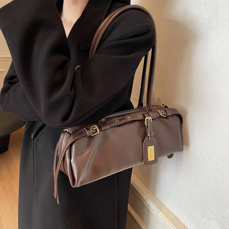 

Женская винтажная сумка, модная ретро-сумка большой емкости, мотоциклетная сумка, сумка на плечо из искусственной кожи, коричневая