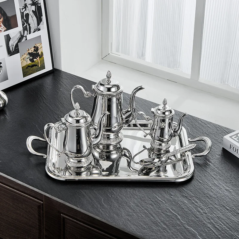 Nordic Stainless Steel Afternoon Tea Coffee Set Light Luxury Teapot Milk Jug Coffee Pot Tray Vintage English-Style