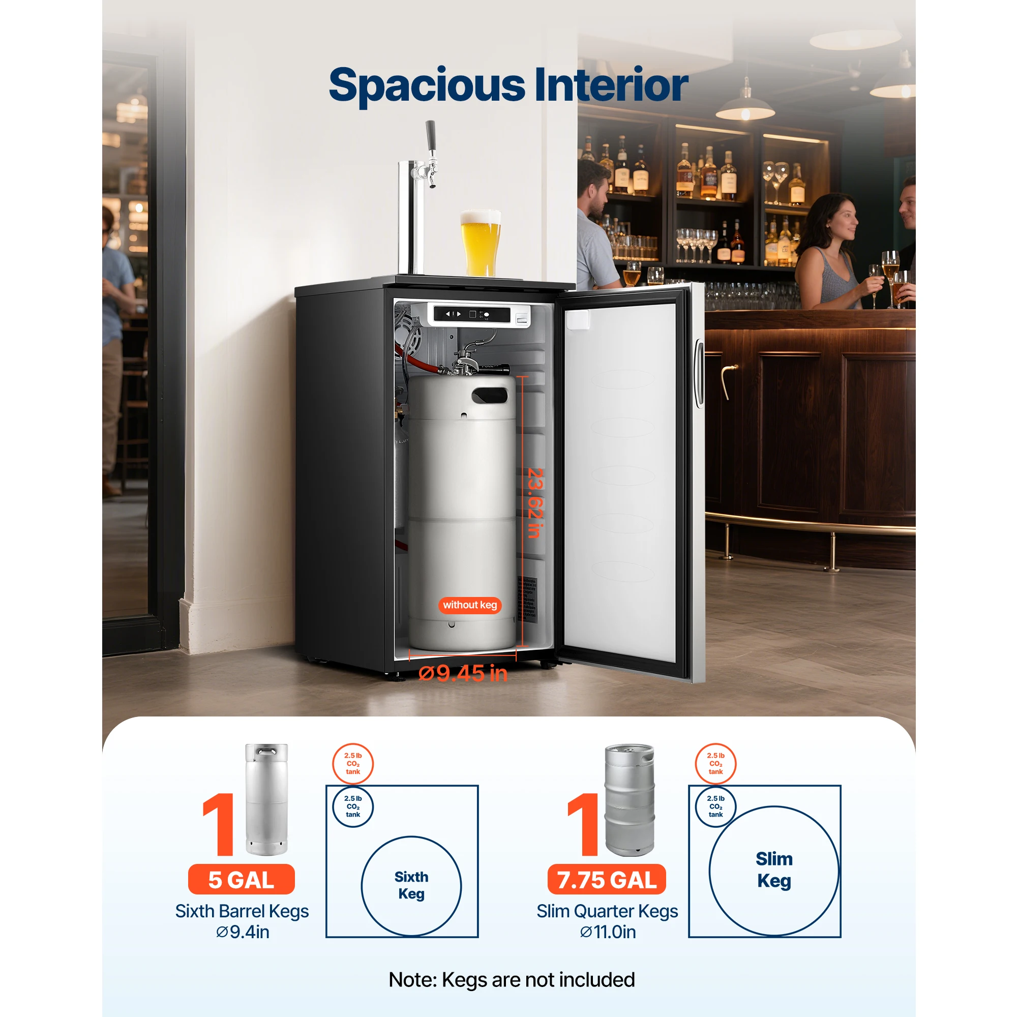 Beer Kegerator, Hold 1 Sixth Keg, 2.5lbs CO2 Tank, 92L, Single Tap Commercial Draft Beer Dispenser for D system, Refrigerator With Shelves