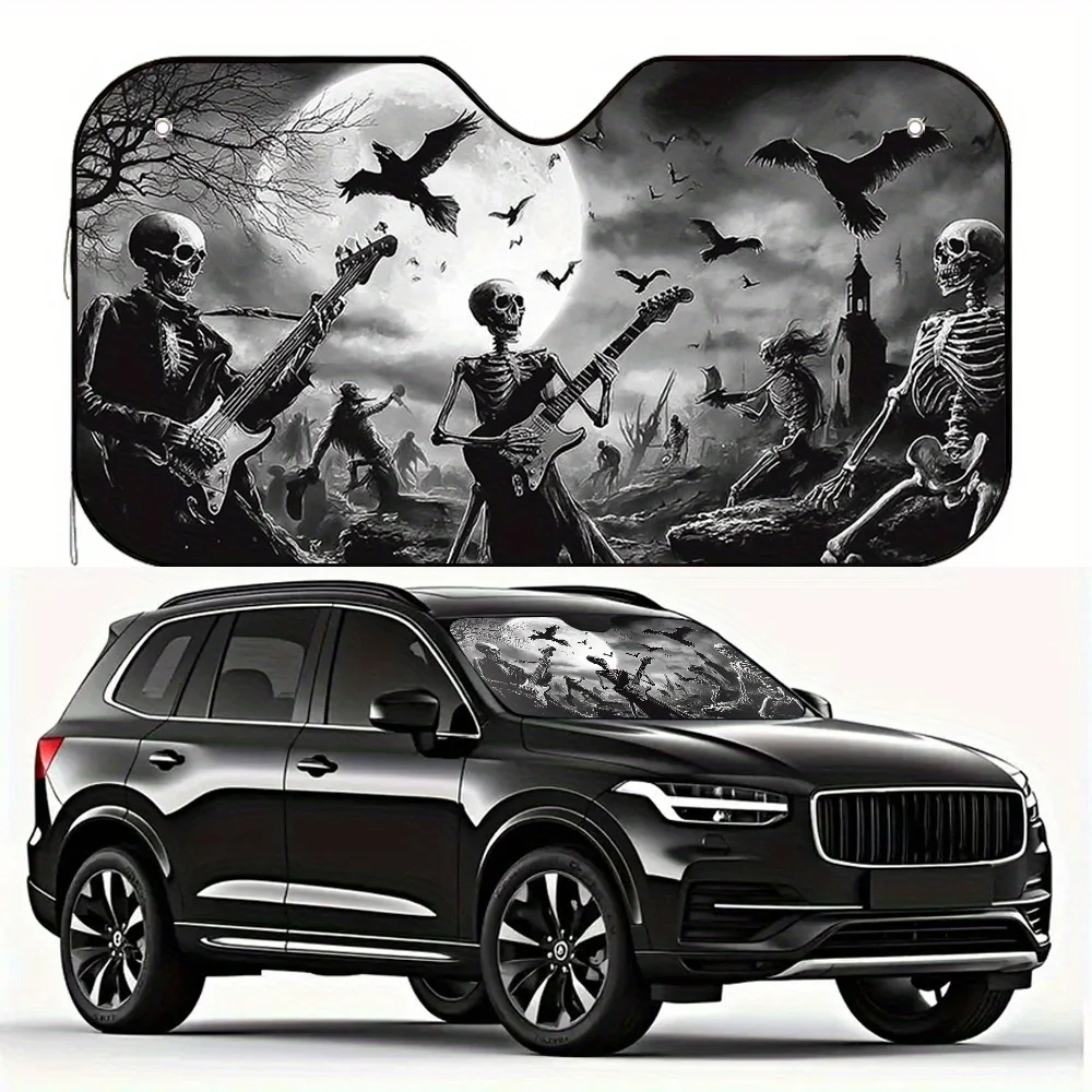 1pc 2D Flat Skeleton Rock Concert Print Car Sunshade Foldable Cool, Easy to Install with 4 Suction Cups Perfect for SUVs