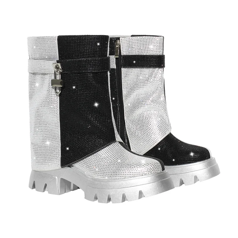 Onlymaker Women Fold Over Rhinestone Trim Boots Round Toe Handmade Female Side Zipper Mid-Calf Boots