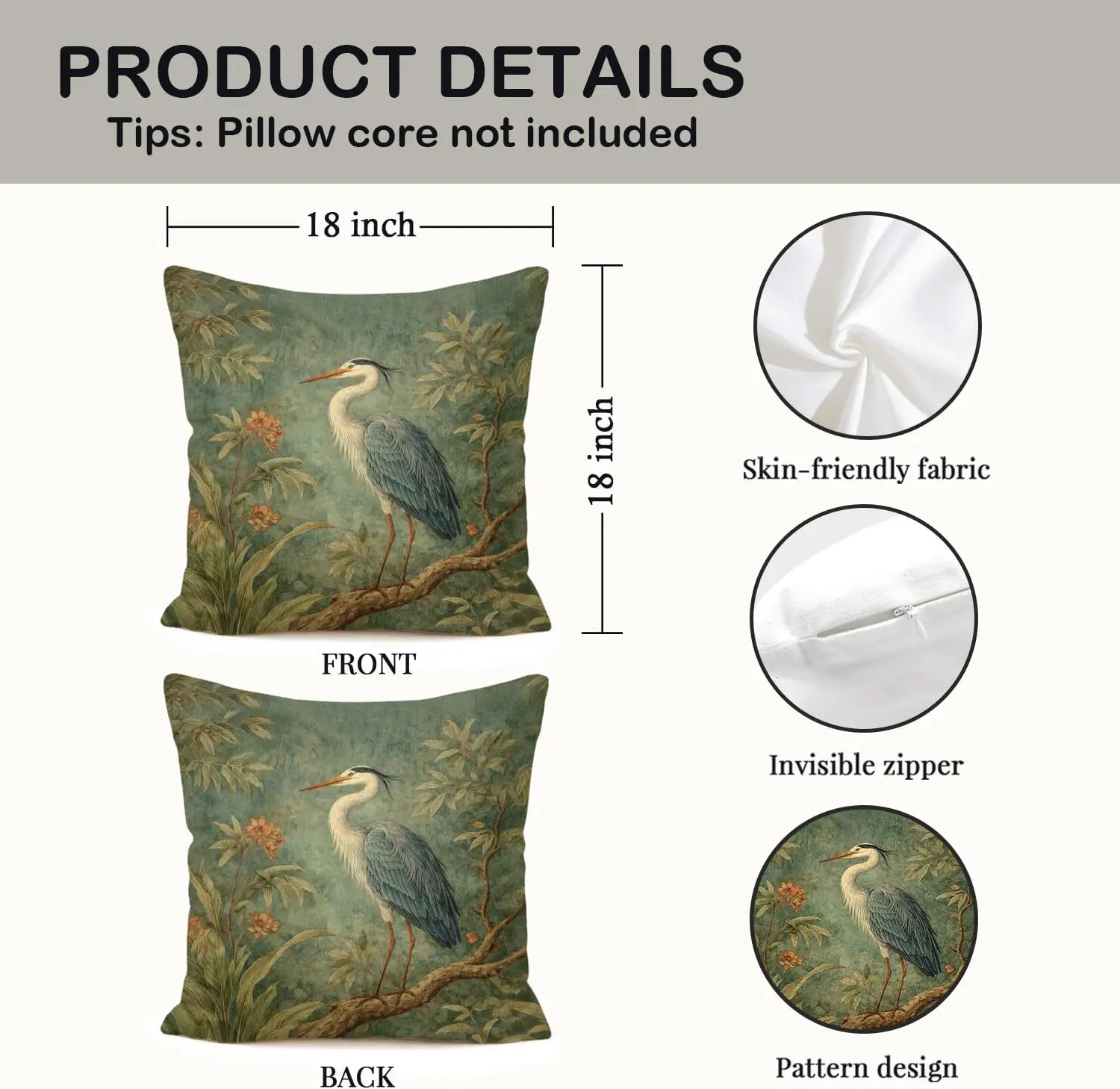 Rustic Nature Throw Pillow Cushion Cover Boho Wildlife Art Print Botanical Forest Decor Egret Heron Watercolor Cottagecore Home