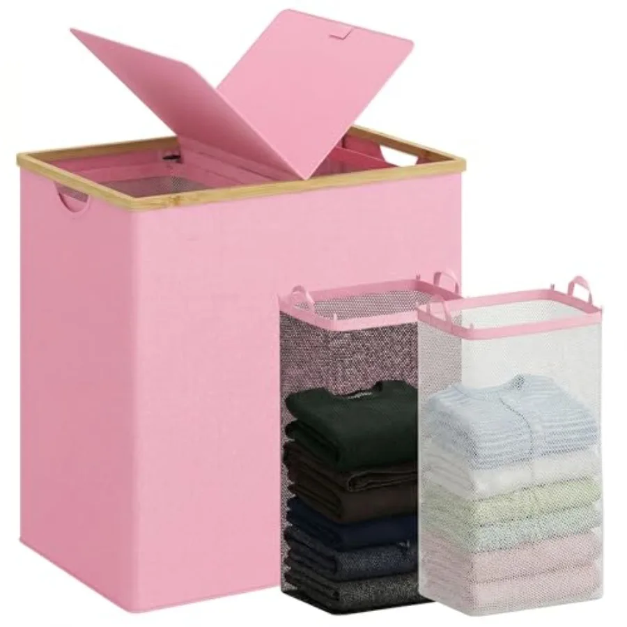 

Корзина для белья с крышкой, двойная корзина для белья с 2 съемными мешками, 2-секционная корзина для белья с бамбуковыми ручками для ванной комнаты B