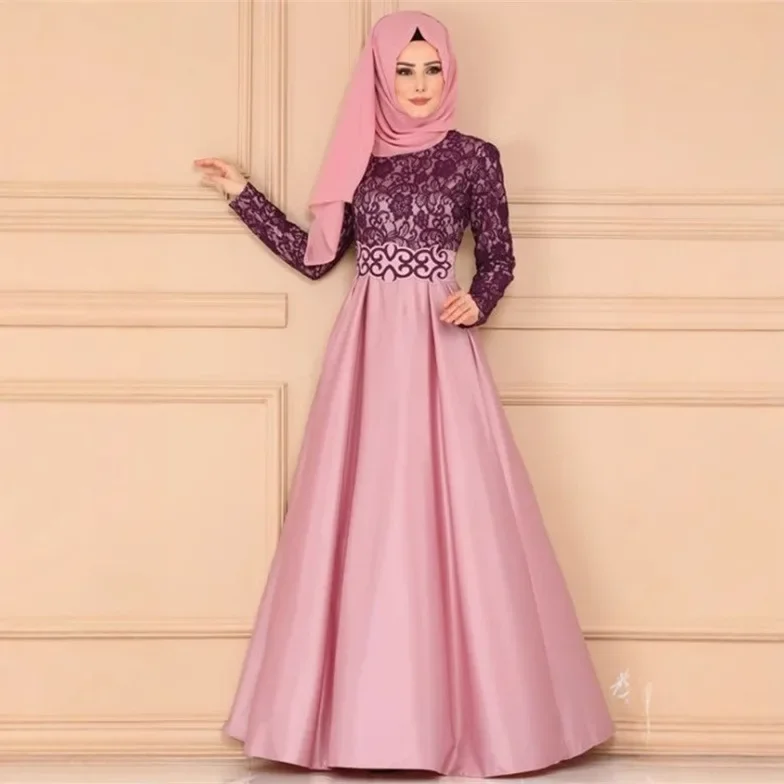 Casual Retro Elegante Spitze Muslimische Frauen Einfarbig Spleißen Langarm frauen Kleid Abaya Robe