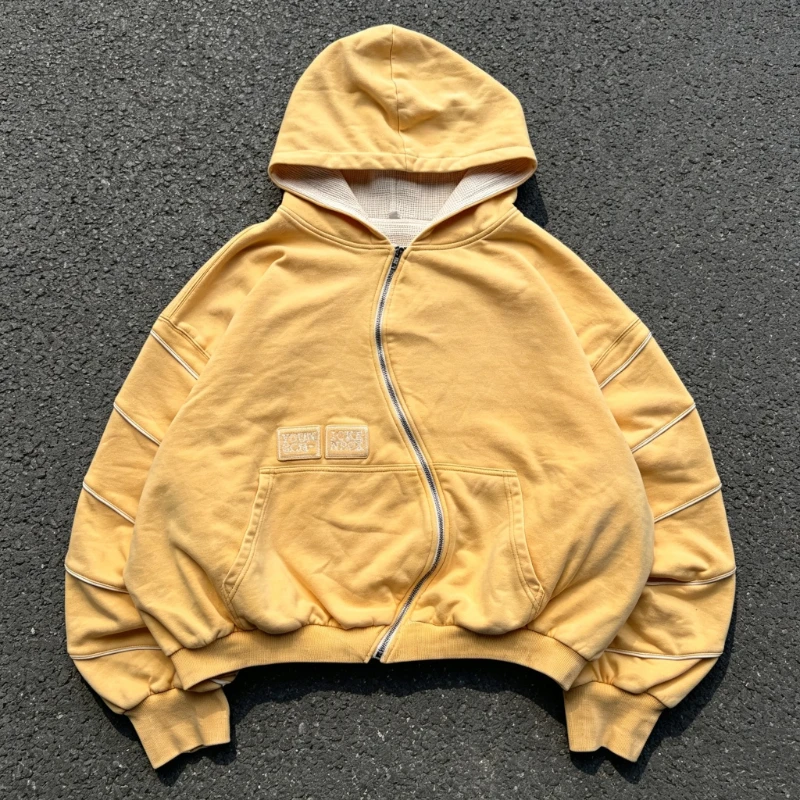 Y2K Retro Banana Hoodie Waffle Lining Wavy Zip Up Embroidery Sweatshirt American Trendy Yellow Streetwear Unisex Oversize Jacket