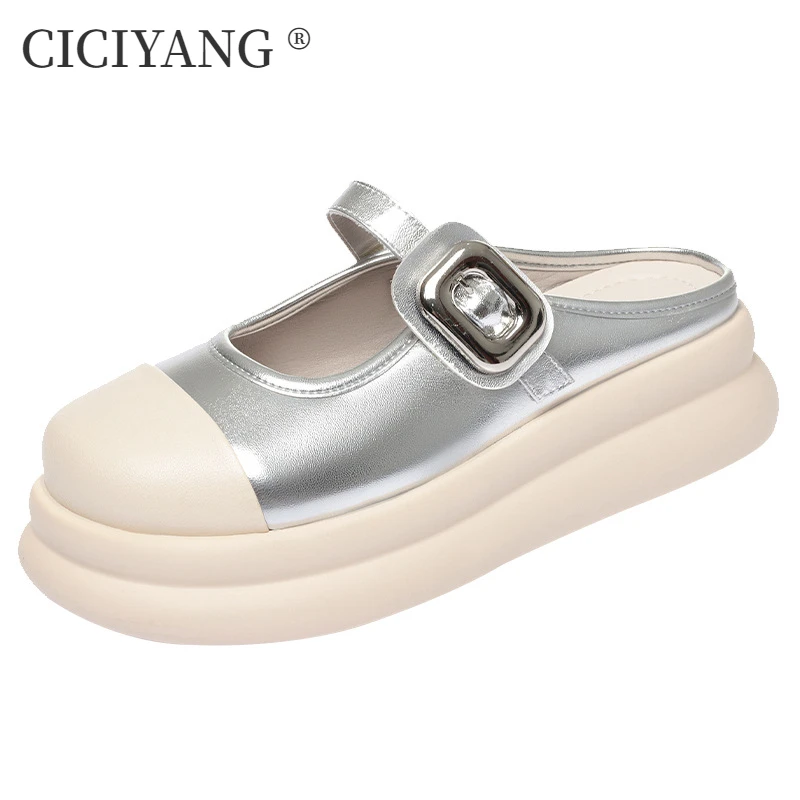 

CICIYANG Mary Jane Slippers Women 2024 Summer New Thick-soled Mules Shoes Ladies Chunky Platform Round Head Slipper Black Silver