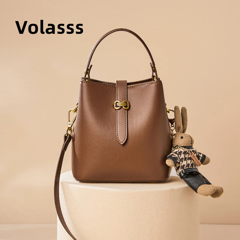 

VOLASSS Fashion Cowhide Shoulder Bucket Bag Women Retro Genuine Leather Handbag Female Luxury Casual Crossbody Bags Versatile