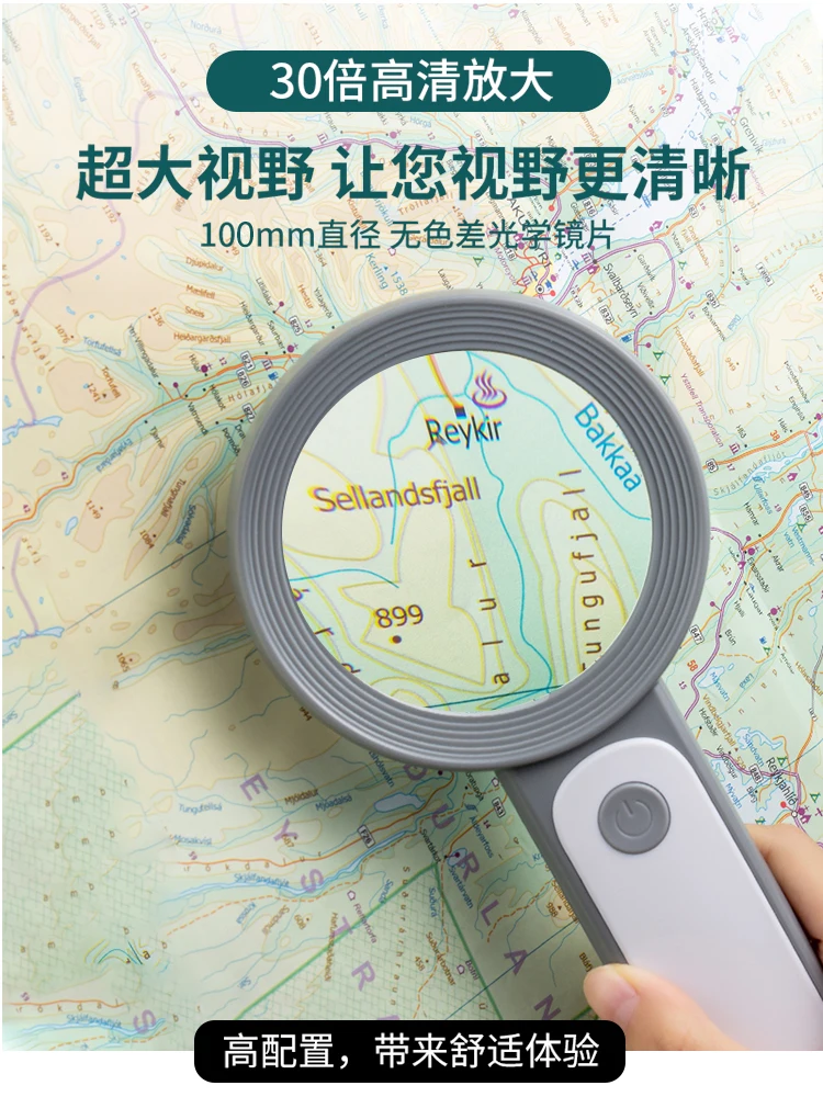 High definition 30 hand-held magnifying glass with LDE light high times elderly people reading books and newspapers