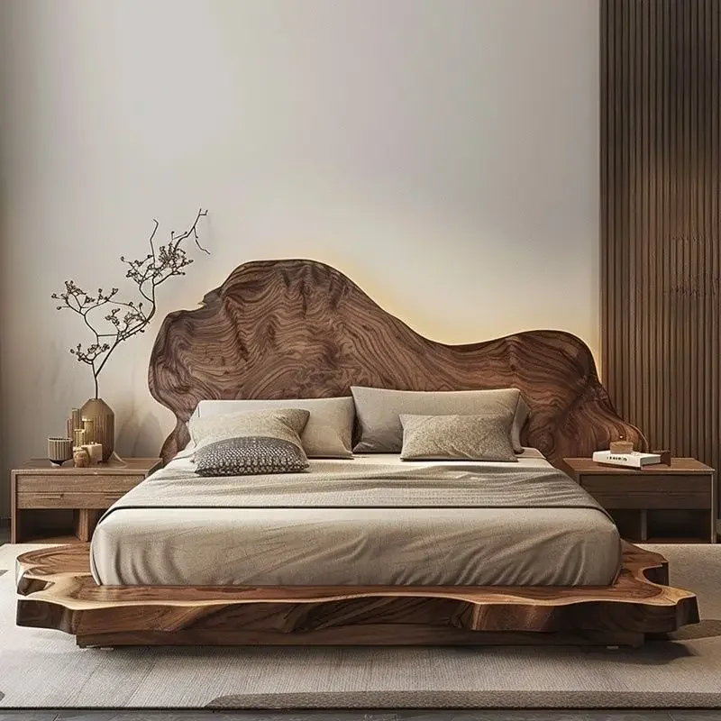 Modern minimalist wabi-sabi style double bed, 1.8 meters solid wood tatami
