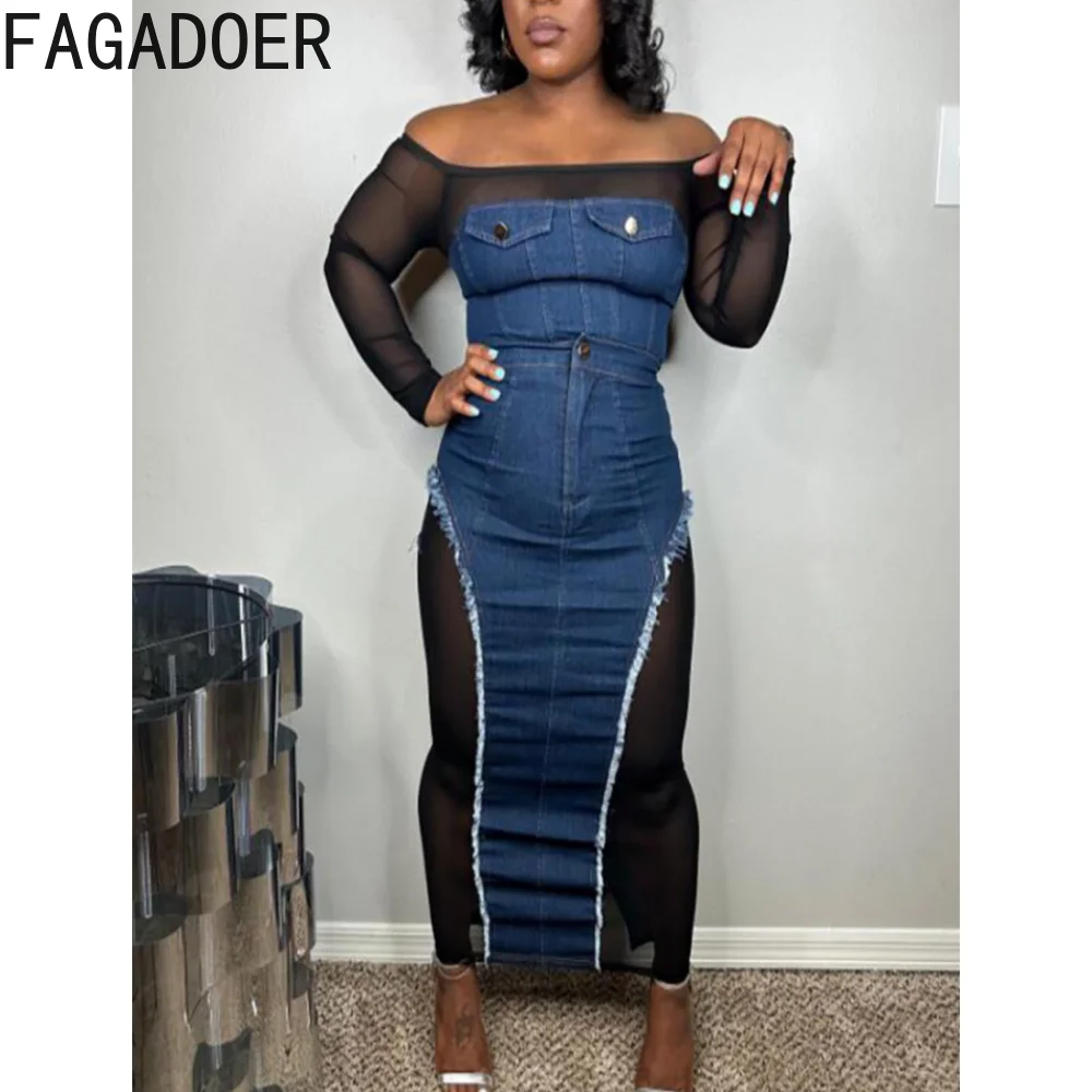 

FAGADOER Sexy Off Shoulder Patchwork Denim Skirts Two Piece Sets Women Meah Perspective Long Sleeve Top And Skinny Skirt Outfits