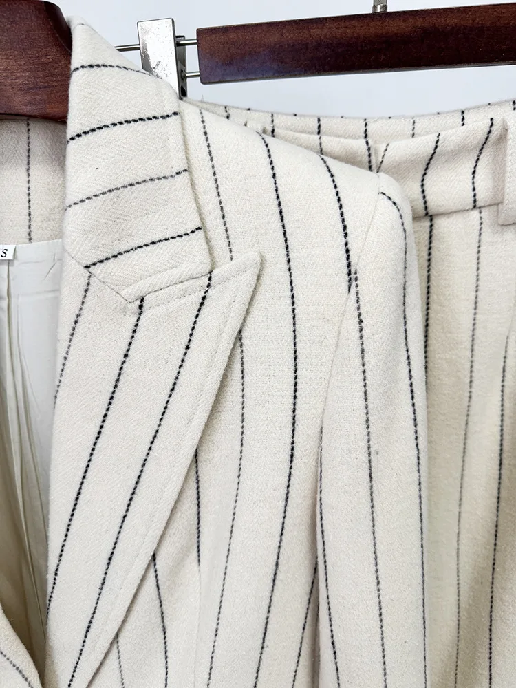 Commuter Long Sleeve Vertical Stripe Suit Women's Slim Fitting Blazer+High Waist Flared Pants Two-Piece Set Formal Office Outfit