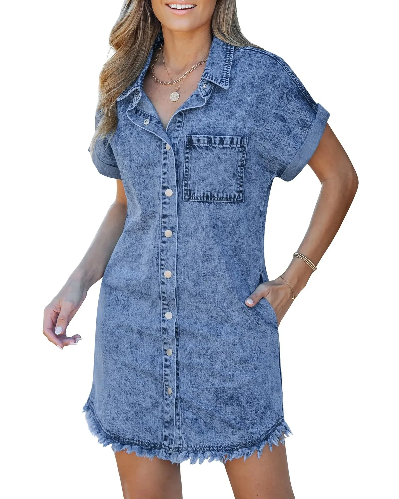 2026 Camicia di jeans a maniche corte da donna elegante di nuova moda Gonna con fibbia in denim Abito casual versatile Abbigliamento femminile