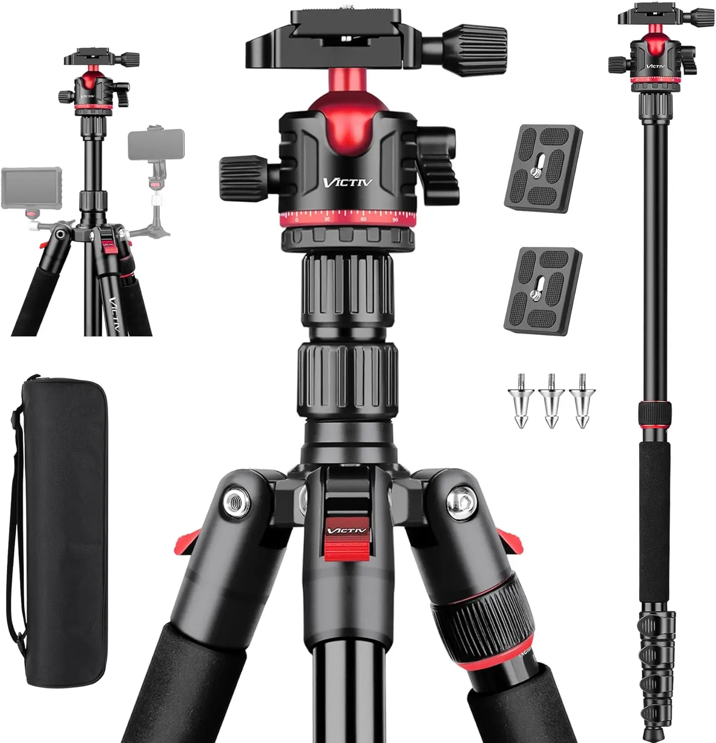 

78" Professional Camera Tripod Monopod, Aluminum Heavy Duty Stand for DSLR Photography Video Travel