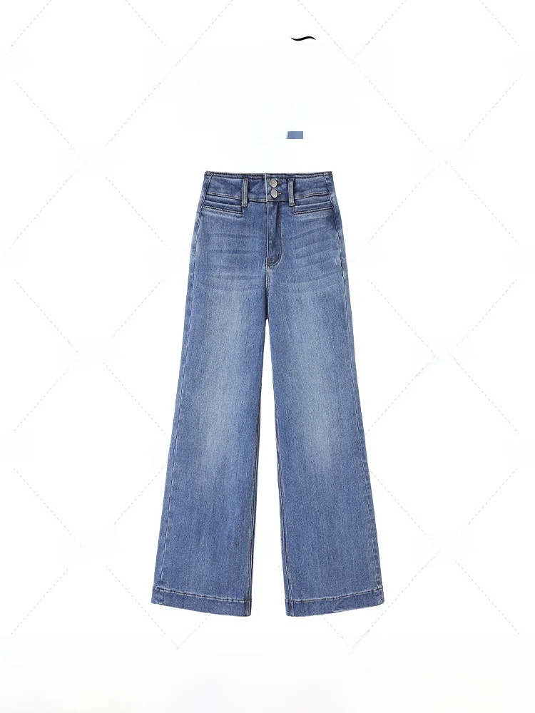 

High Waist Wide Leg Fleece Lined Straight Cut Jeans Women's Vintage Blue Slimming Long Pants Casual Cotton Zipper Pocket