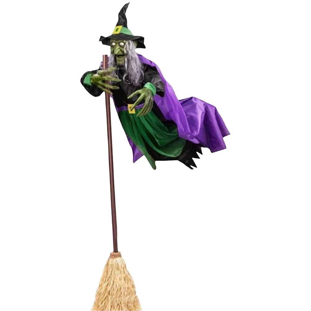 Decorações de bruxa voadora com olhos luminosos, bruxa voadora de halloween em vassoura, decoração animatrônica, bruxa voadora para ambientes internos e externos
