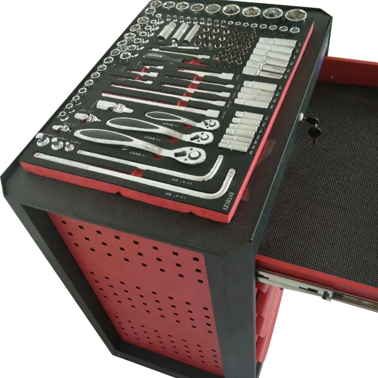 Caja de herramientas móvil personalizada de hierro rojo con ruedas.