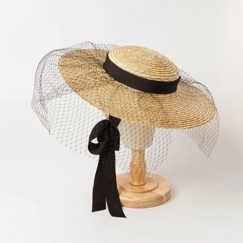 

C63C Straw-Woven Fascinator for Sun for Protection UV Radiation Decorated with Grenadine Adjustable Strap for Unisex Girls Bo