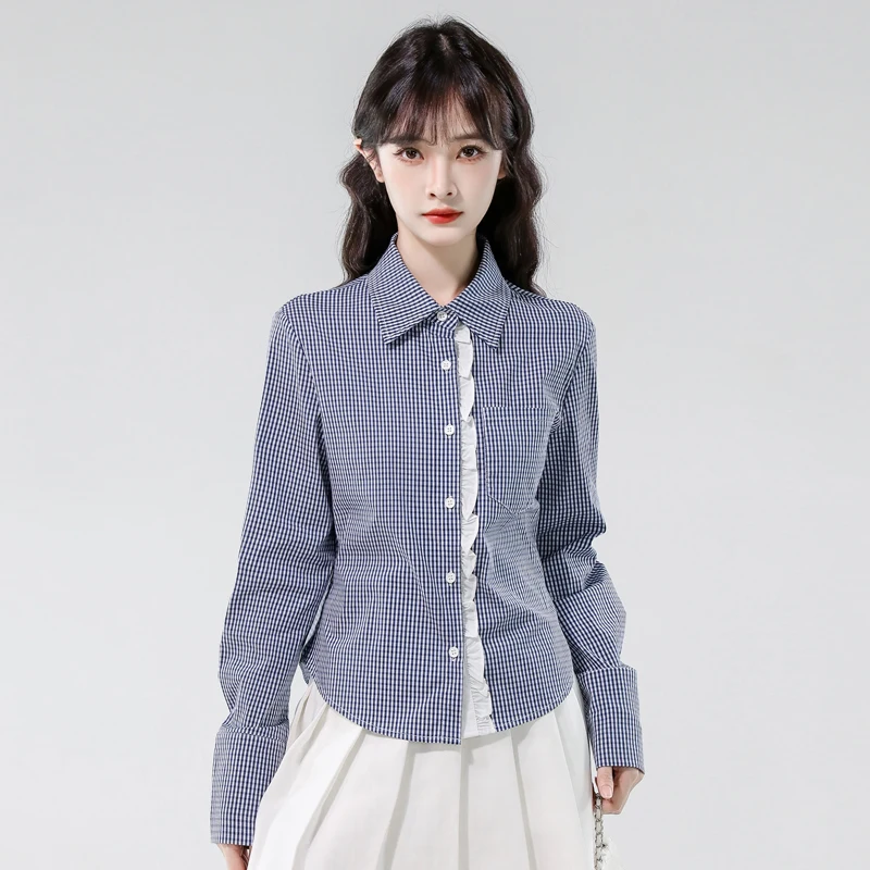 เสื้อเชิ้ตผู้หญิงแฟชั่นหรูหรา ปี 2025 ฤดูใบไม้ร่วง สไตล์เรโทร แขนยาว ลายสก็อต กระดุมแถวเดียว เสื้อทำงานสำหรับสุภาพสตรี