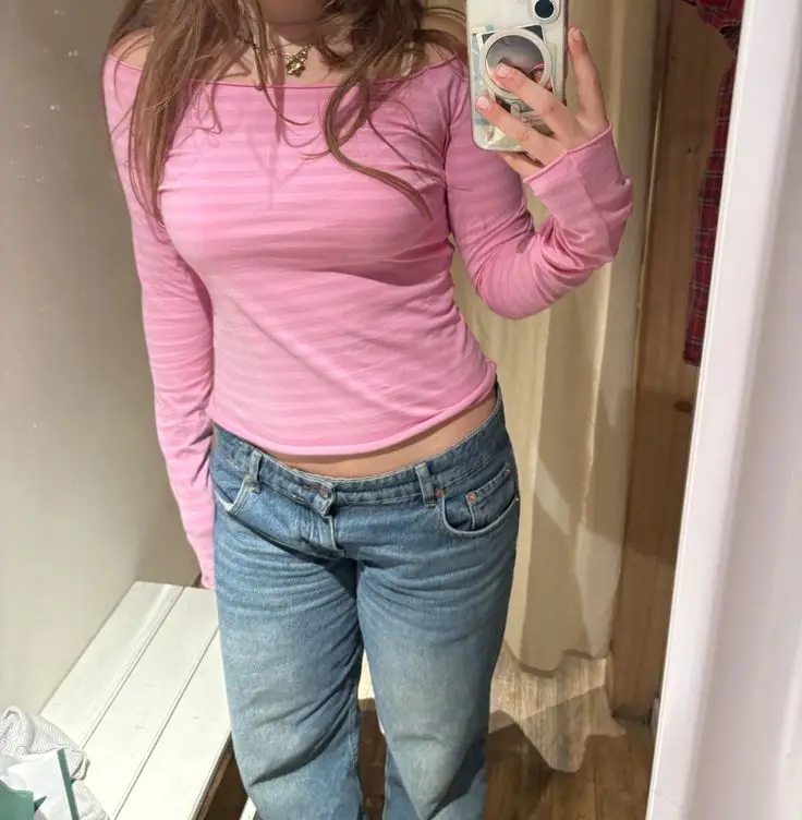 Rose Pink Striped Long Sleeve T-shirt Women Simple Cotton Raw Hem Slash Neck Slim Tee Tops Sweet Cute Preppy Style T Shirt Y2K