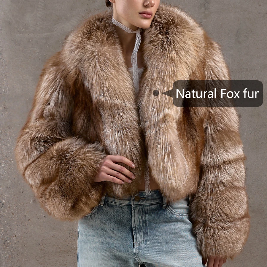 Kurzer Fuchspelzmantel mit Schalkragen, abgeschnittene natürliche Fuchspelzmäntel, Winterjacke für Damen, modische Kleidung, echter Pelzmantel