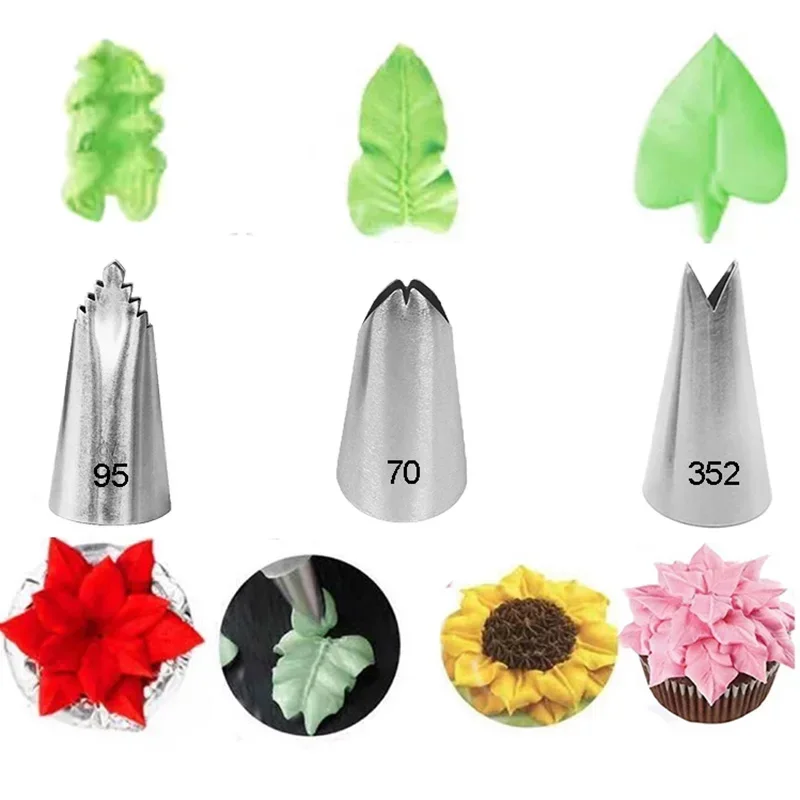 352 # 70 # 95 # Folhas de creme dicas de aço inoxidável bicos de confeiteiro girassol pastelaria bicos cupcake fondant ferramentas de decoração do