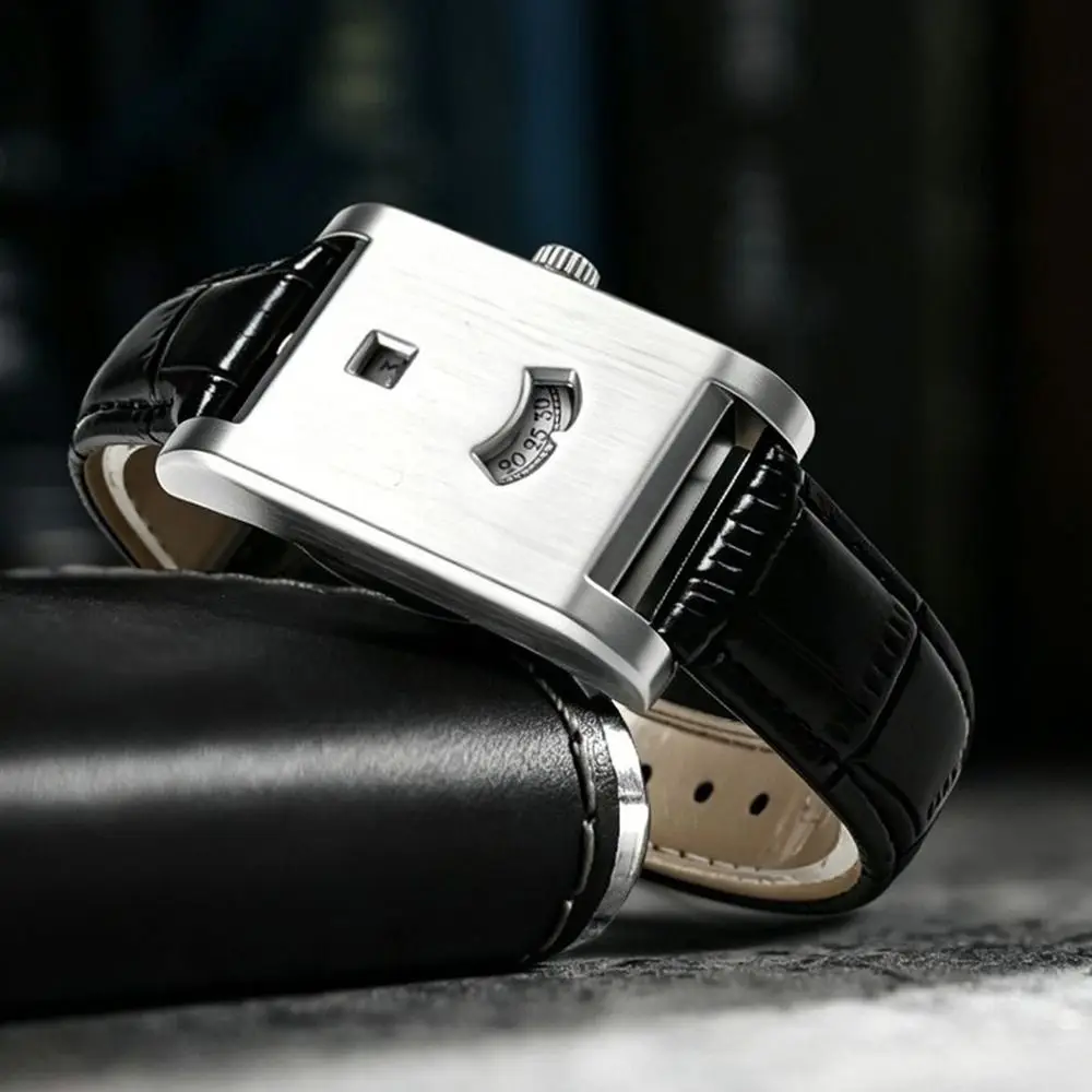 Leather Strap Square Wristwatch Square Case Minimalist Dial Business Watch Alloy Case Wormhole Inspired Men's Wristwatch