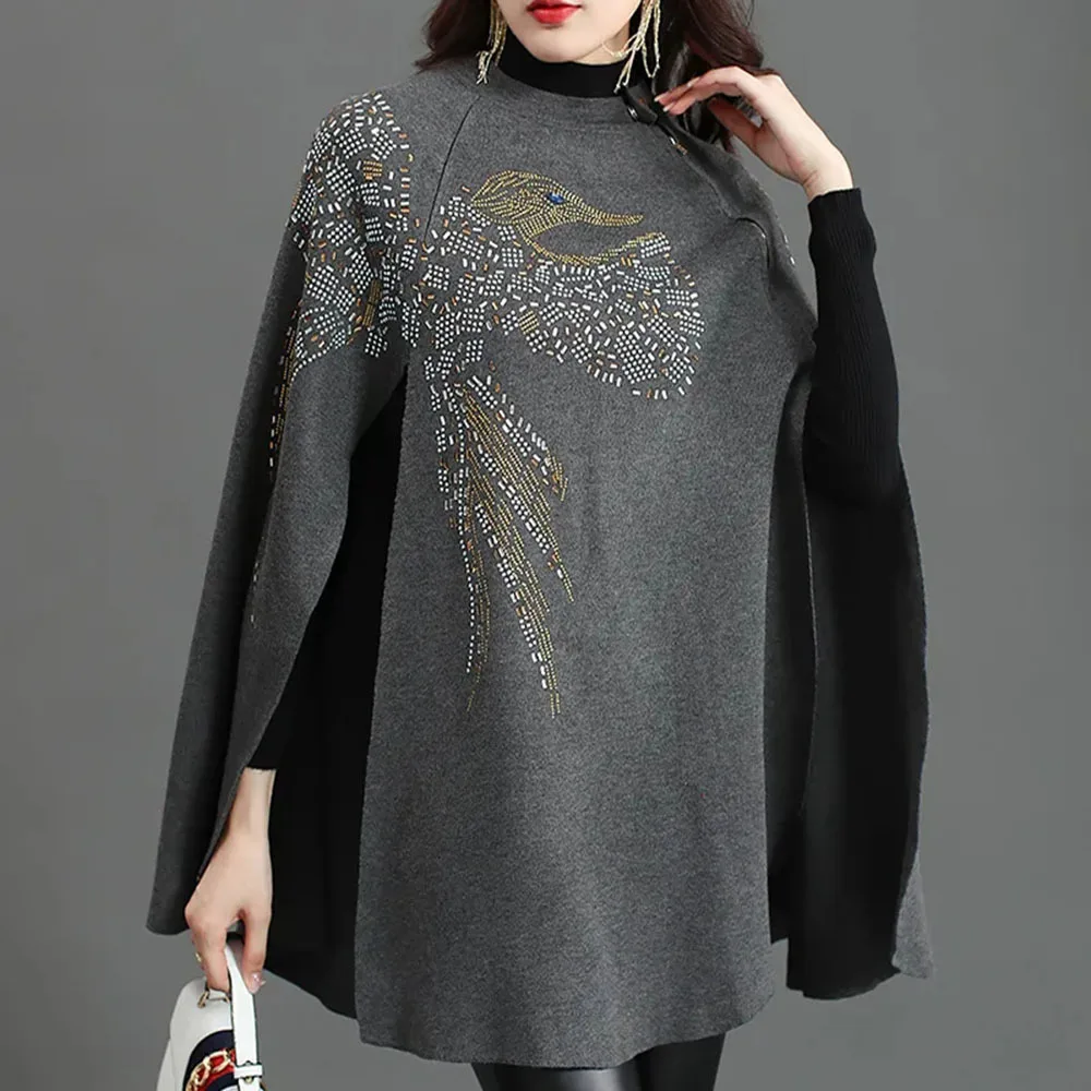 Women Shawl Batwing Sleeve Poncho Sweater Winter Knitted Cashmere Cloak Eagle Pattern Handmade Bead Sequin Embroidered Cape Coat