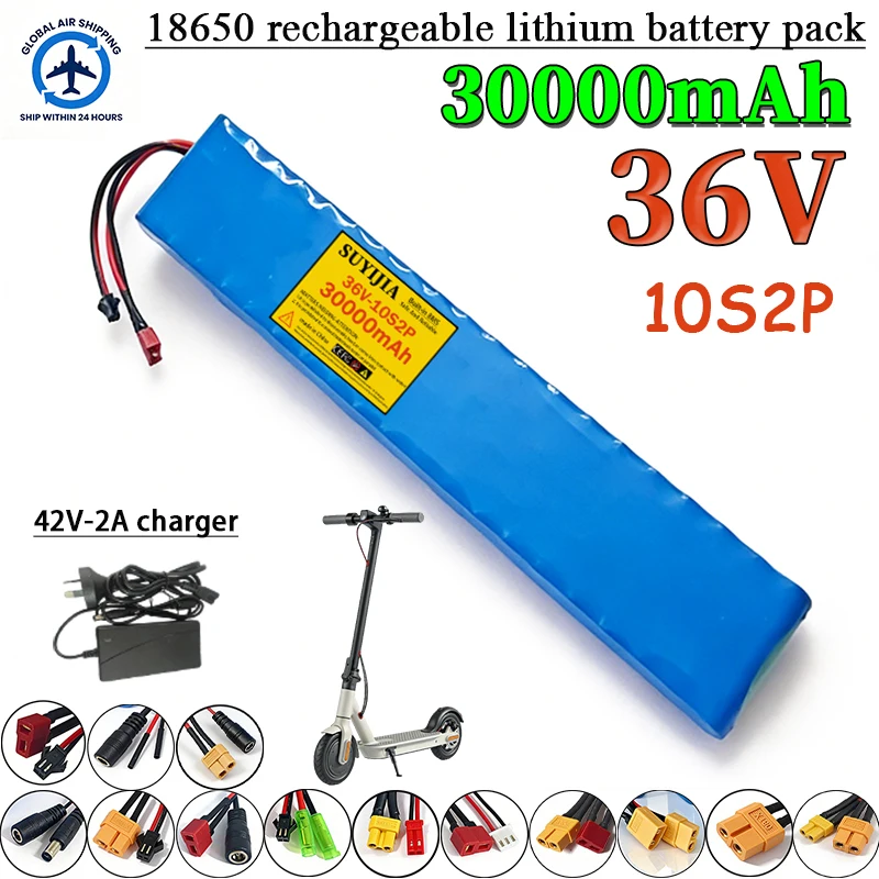 36V 10S2P 18650 rechargeable lithium battery pack 30000mAh 42V-2A charger built-in BMS protection plate scooter battery
