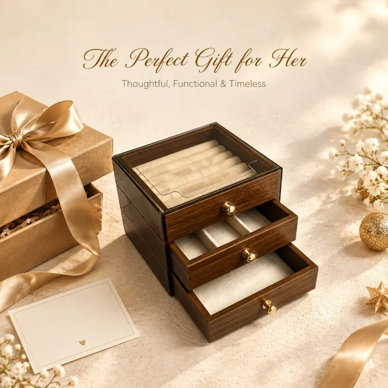 Wood Jewelry Box Clear Glass Lid Velvet Lined 3 Drawer Storage Case for Rings Earrings Necklaces Women Dresser Decor Gift
