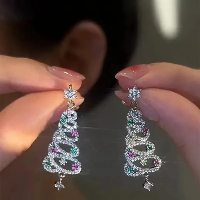 Colourful Zircon Christmas Tree Earrings for Women Sparkling Crystal Snowflake Elk Earring Girls New Year Holiday Jewelry Gifts