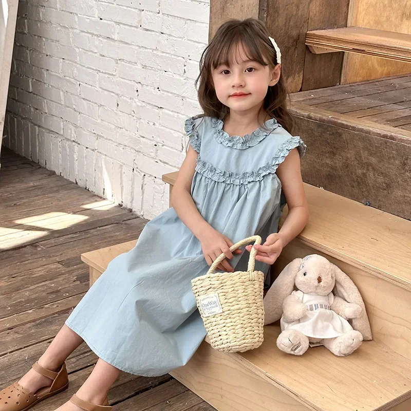 

Children Clothing Kids Princess Sweet Lace Thin Sleeveless Dress 2024 Summer New Korean Style Girls Solid Color Loose Dress