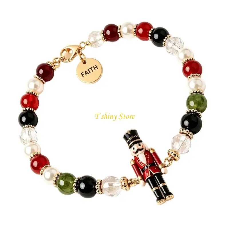 N58F Christmas Beaded Bracelet with Central Charm and Gold-Tone
