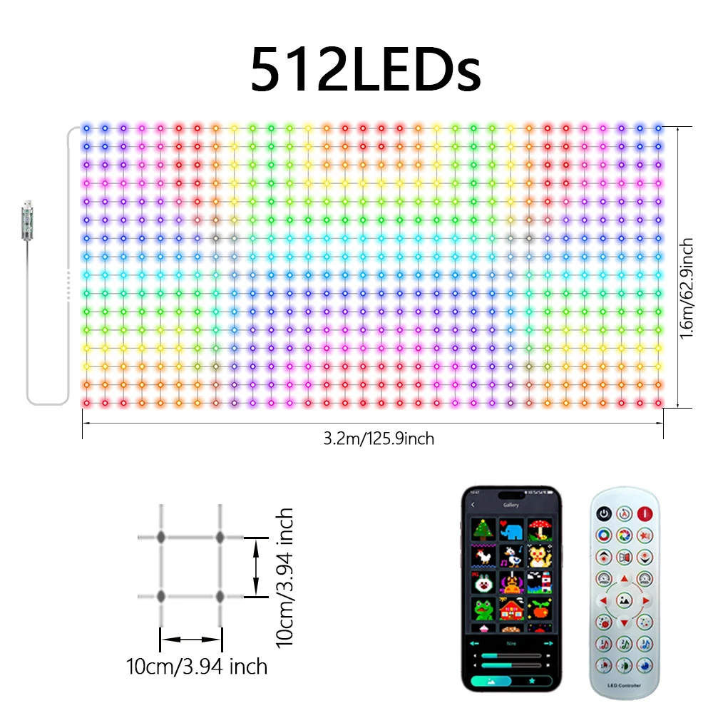1Set Christmas Curtain Lights 256/512 LED Animated Balcony Lights Text Editing Pattern Library Remote Multi-Set Sync Balconies