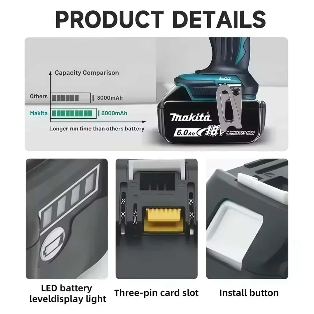 100% Original Makita 18V 6.0Ah Rechargeable Battery, Lithium Ion Substitute LXT BL1850 BL1840 18V Screwdriver with BMS TPCELL image 5