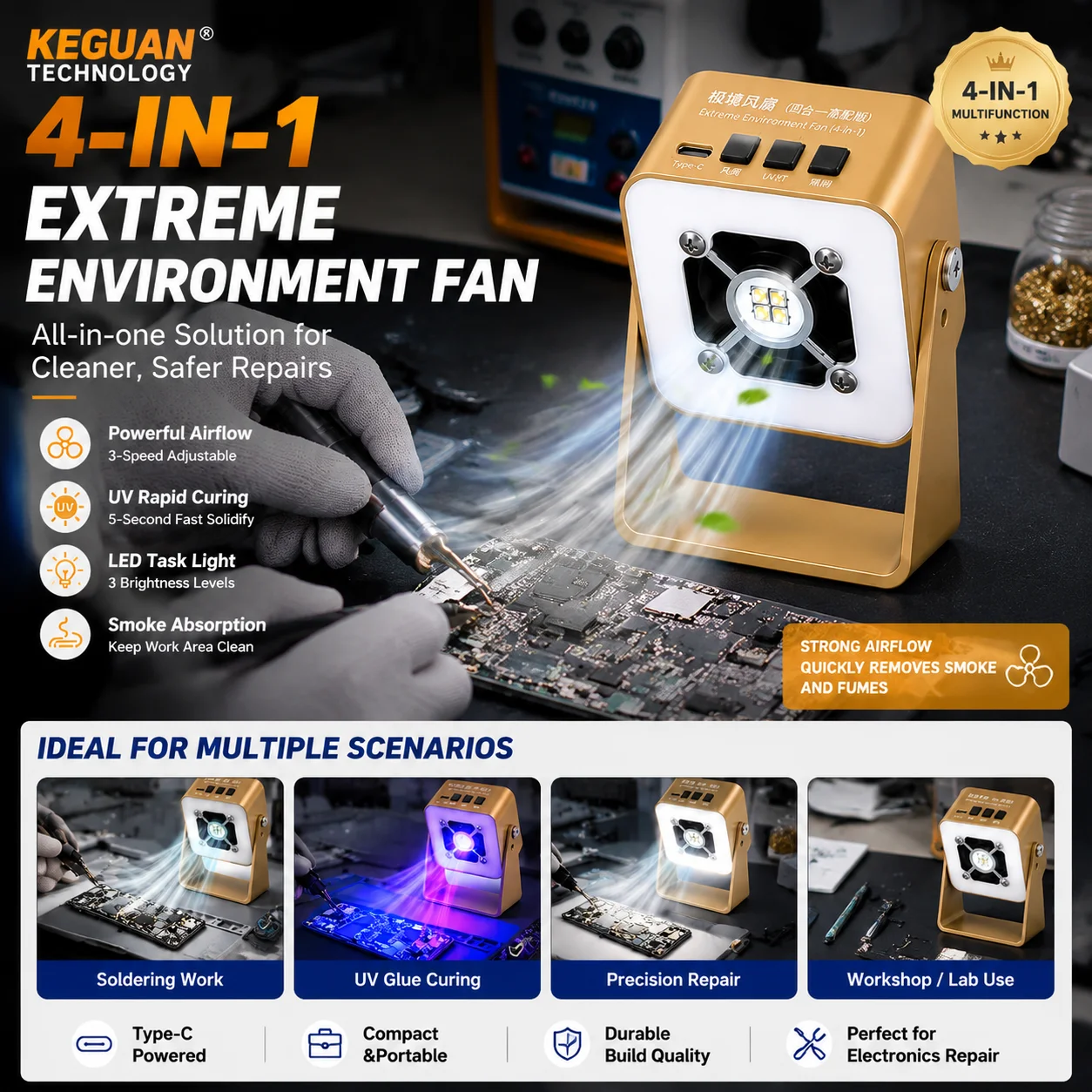 KEGUAN Multi Function Soldering Smoke Absorbing Fan Built in UV Light Fill Light Brightness Adjustment Mobile Mainboard Repair