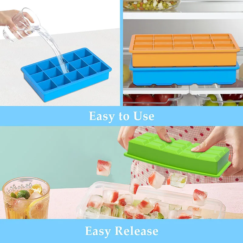 15 Grid Ice Cube Tray Silicone Ice Tray Easy-Release Flexible Molds Reusable Stackable Ice Trays  Freezer for Cocktail Whiskey