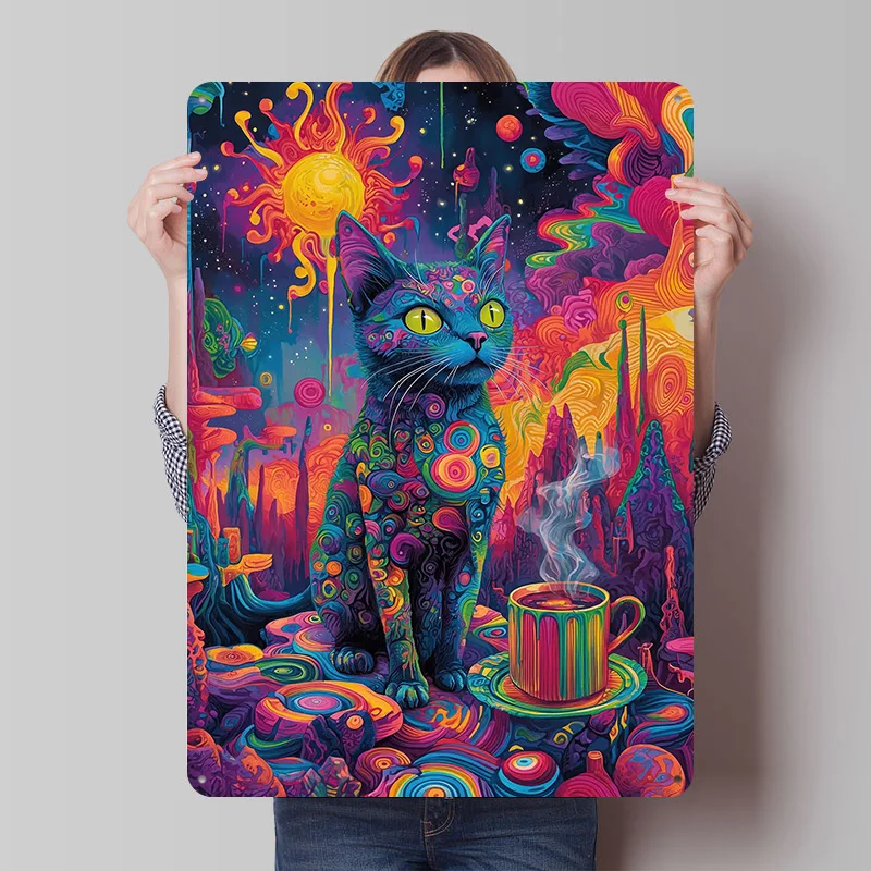 Psychedelische Katze mit Kaffee Poster Individualisierte Vintage Metallschilder Wandkunst Retro Blechschild für Bar-Zubehör Maßgefertigte Plakette