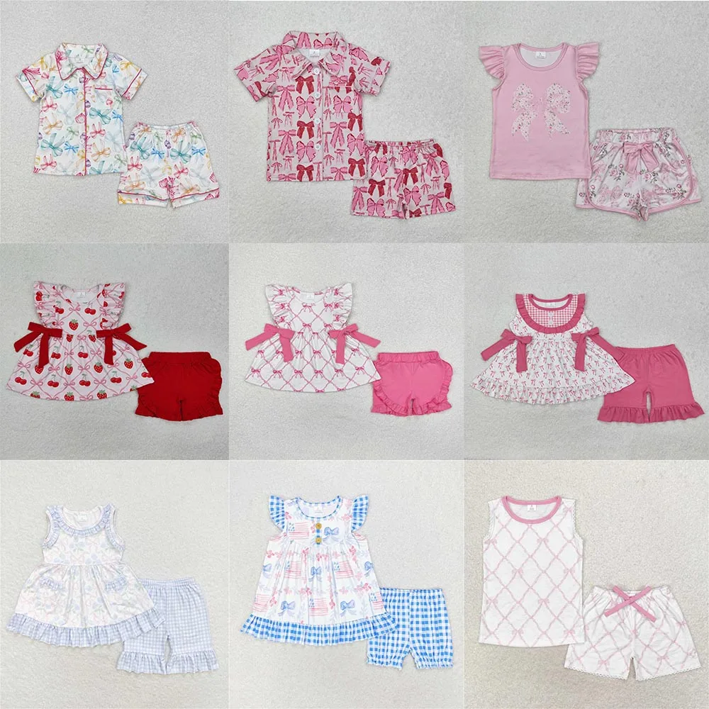 

GSSO1718 Wholesale baby girl clothes Pink bow pattern short-sleeved shorts pajama sets Summer Boutique sets kids clothes girl