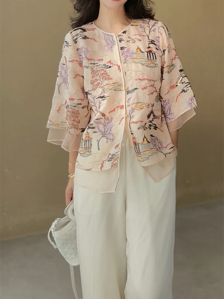 

New Chinese Sle Embroidered Silk Linen Jaet Women's round Ne Seven Sve Ogeen Splicing irt Autumn D5037