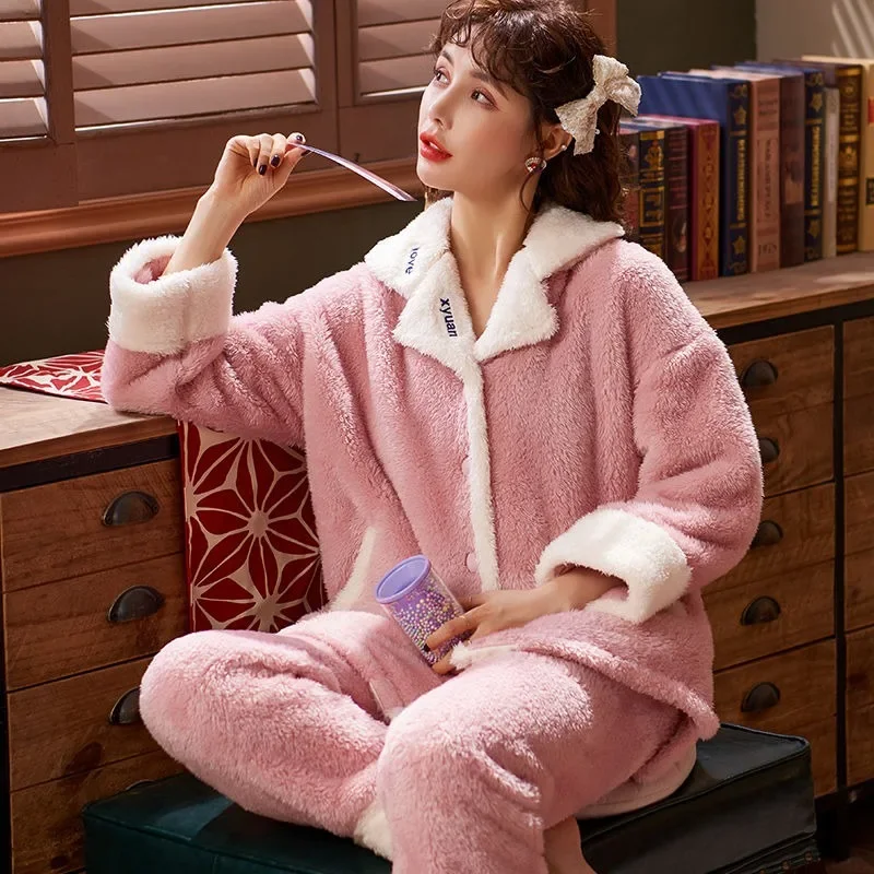 

2023 Pajamas Women Flannel Winter New Coral Fleece Autumn Sleepwear Thickened Warm Home Furnishing Stylish and Comfortable Set