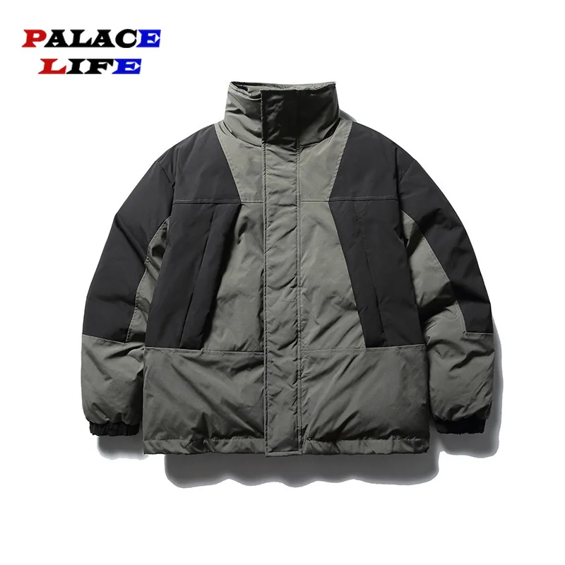 Mens Fashion Winter Warm Parkas Contrast Patchwork Pocket Outdoor Couple Casual Oversize Coat Waterproof Outerwear Unisex Jacket