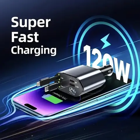 4 in 1 120W Car Charger Retractable Car Cigarette Lighter Adapter USB Type C Fast Charger Cable for IPhone Xiaomi POCO Samsung