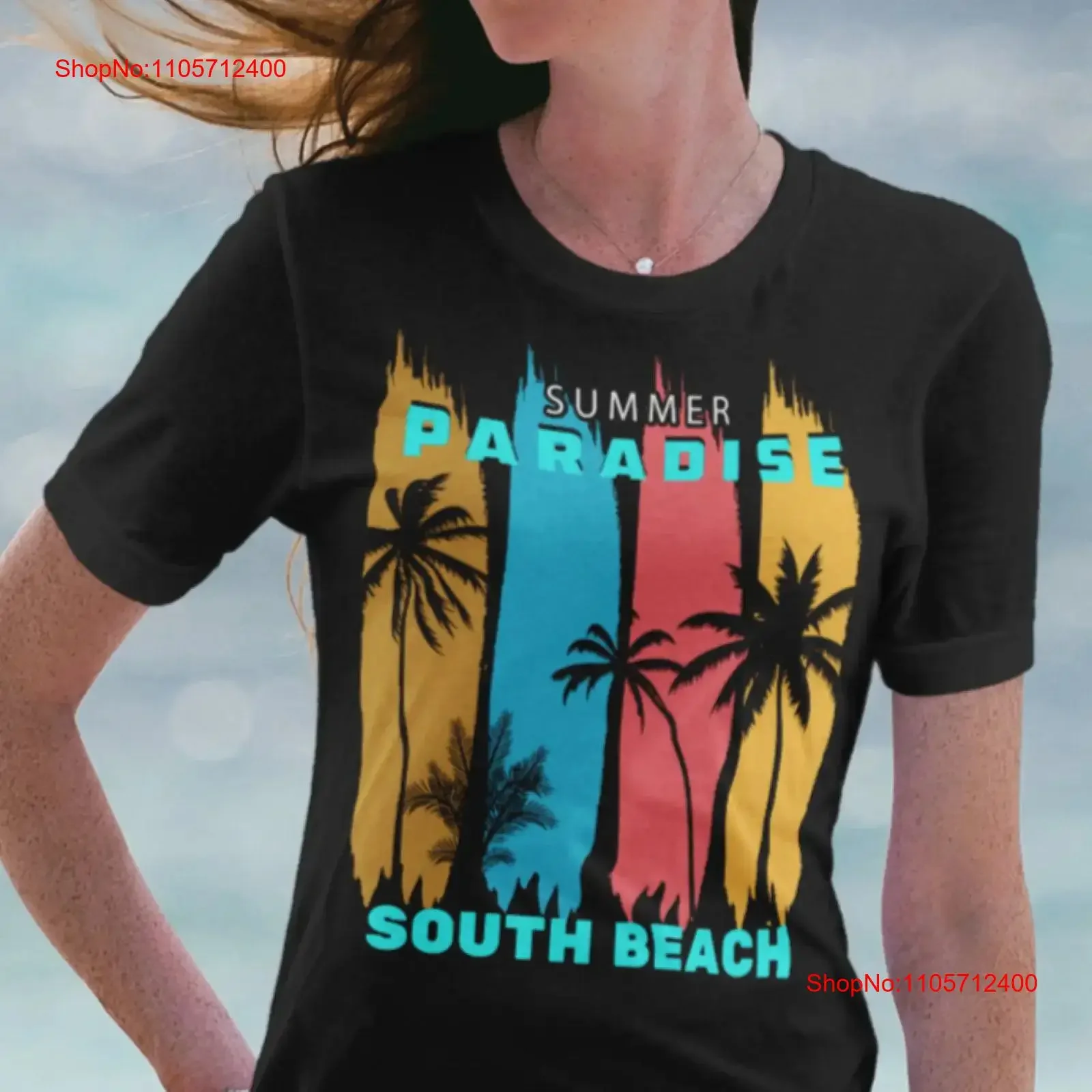 Summer Paradise South Beach T shirt Bronze Gold Melon Aqua Blue Striped with Silhouetted Palm Trees vintage Washed Stylish
