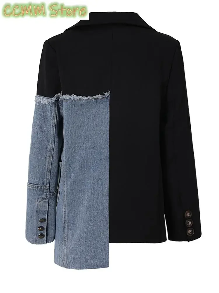 Women Blue Denim Irregular Casual Blazer New Lapel Long Sleeve Loose Fit Jacket Fashion Tide Spring Autumn