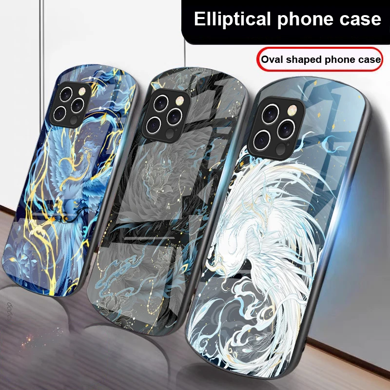 

White And Blue Phoenix For IPhone 16 Pro Max 16e 15 Pro 14 13 12 Mini 11 XS Max XR 7 8 Plu SE 22 Elliptical Glass Phone Case