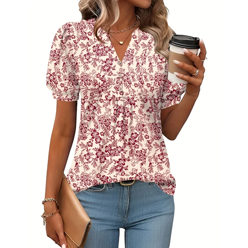 

Women's Summer Casual Floral Print Blouse - Lightweight Short Sleeve Shirt with Chest Pleats & Button Detail,