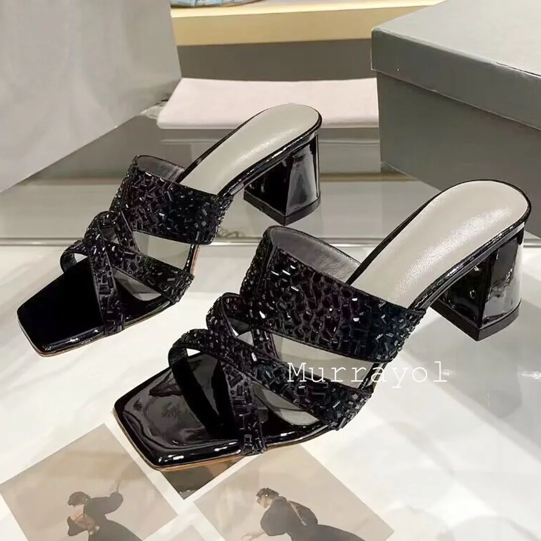 New Glitrey Thick High Heels Slippers Women Open Toe Bling Bling Rhinestone Decor Sandals Summer Fashion Party Dress Shoes 2024