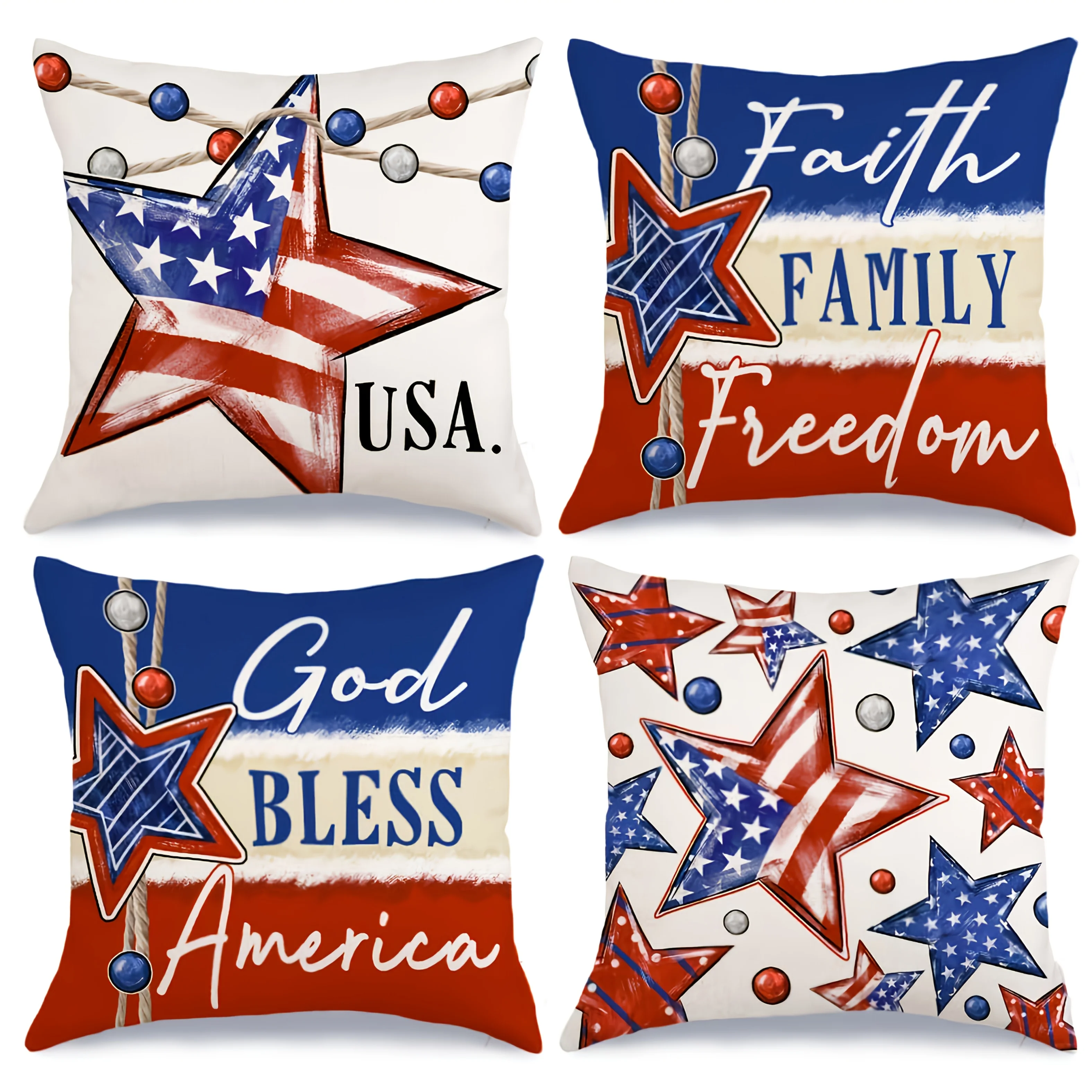 4Pcs Double‑Sided American Flag Star Pillow Covers, Zipper Cushion Cases for Independence Day Memorial Day
