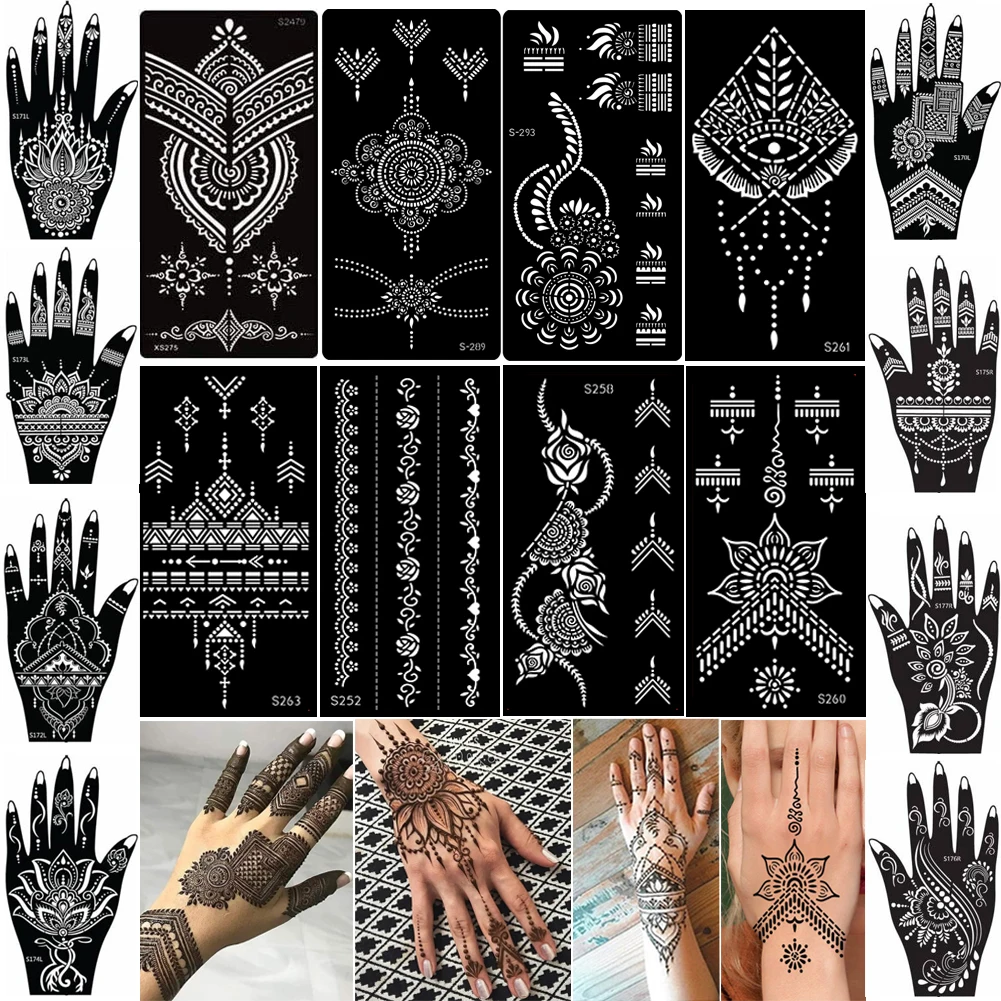 

16 Sheets/Lot Henna Tattoo Stencil Kit Temporary Hand Tattoo Templates Tattoo Sticker Wedding Party Body Hand Paint