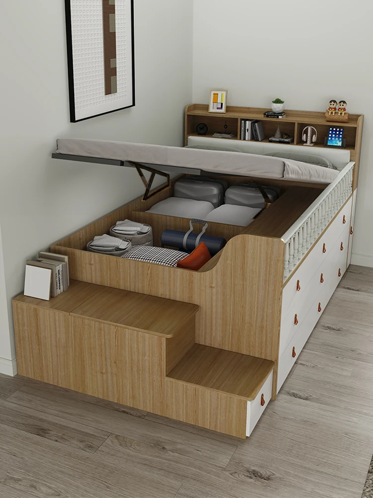 Small apartment high box storage bed multi-functional storage bed tatami with pedal Nordic single bed space-saving customization